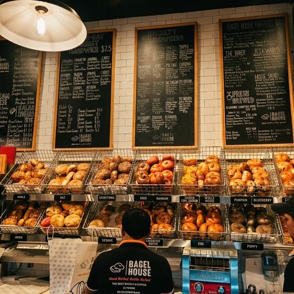 Bagel House interior with employees, display baskets of bagels, and menu boards on a white tiled wall.