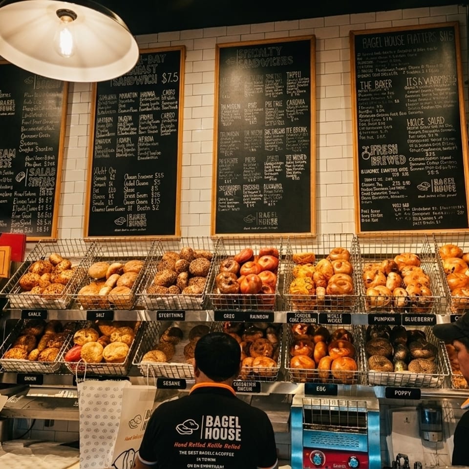 Bagel House interior with employees, display baskets of bagels, and menu boards on a white tiled wall.
