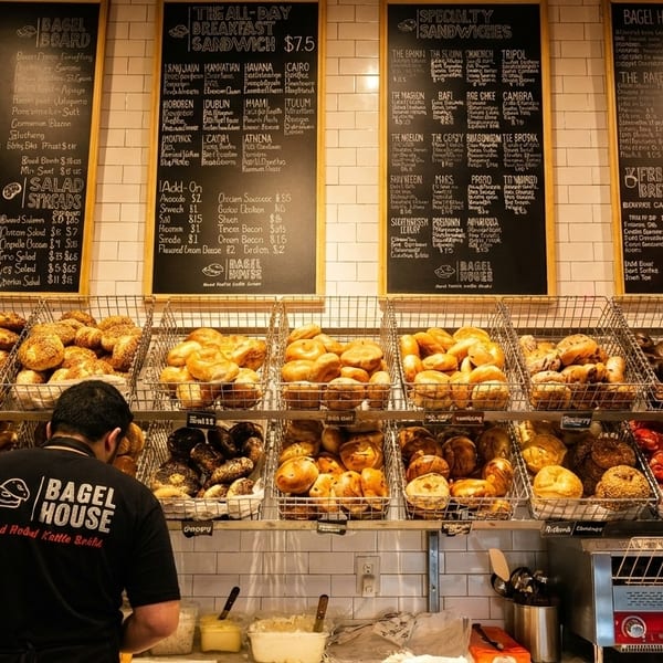 A Bagel House employee stands before shelves of bagels and menu boards on a white tiled wall.