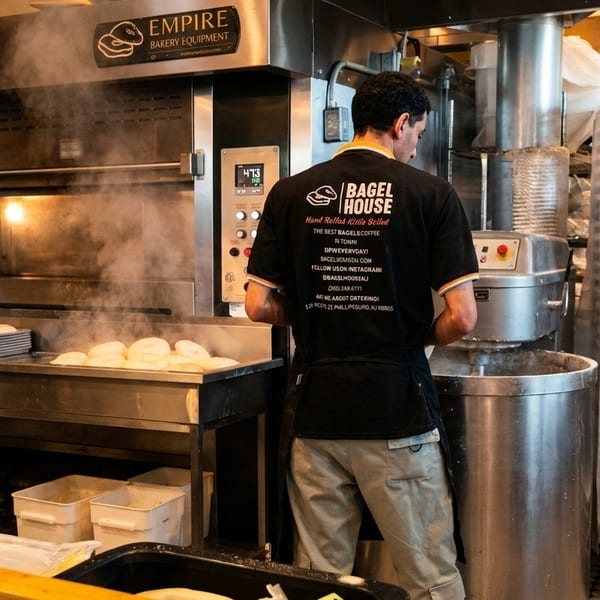 A Bagel House baker prepares bagels in a steamy kitchen with an oven and mixer.