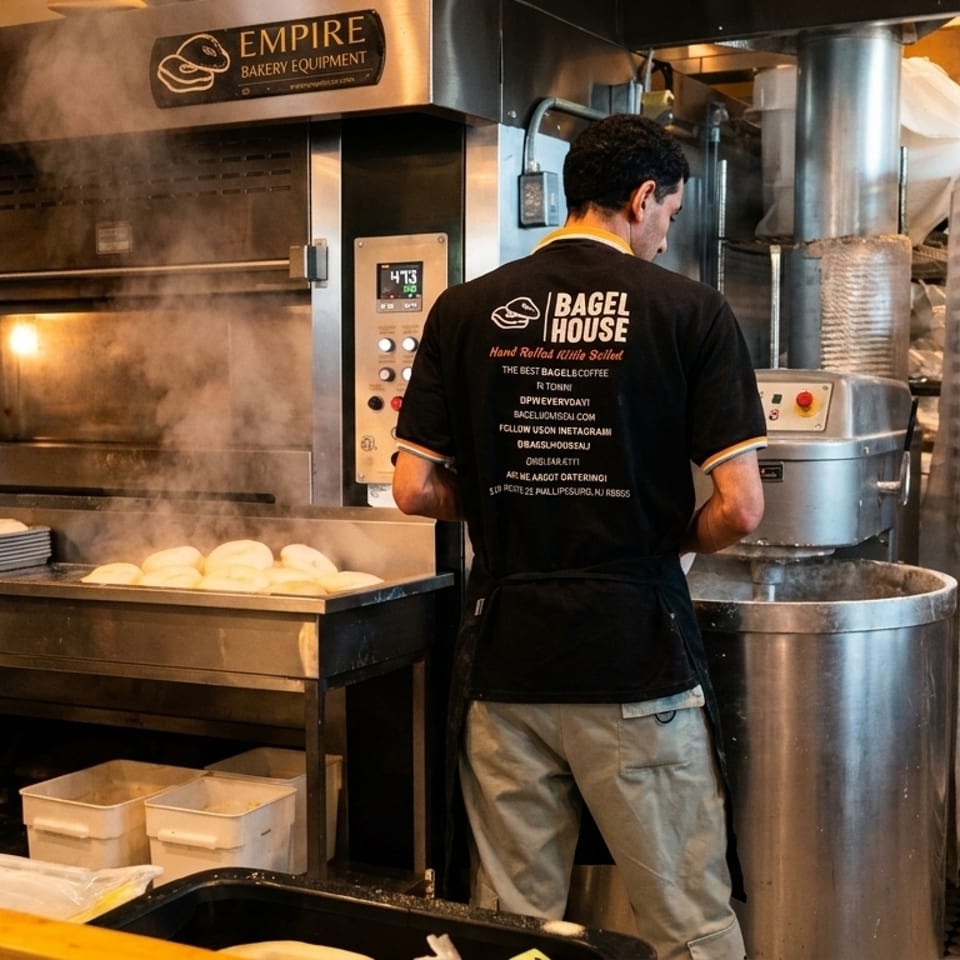 A Bagel House baker prepares bagels in a steamy kitchen with an oven and mixer.