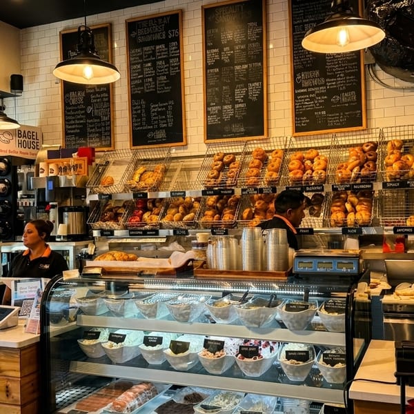 A bustling Bagel House interior with employees, display cases of bagels, and cream cheese spreads.