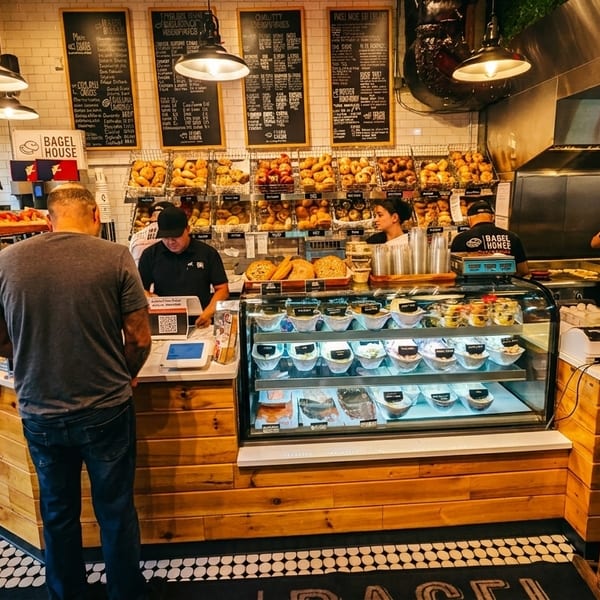 A bustling bagel shop interior with customers, staff, and a wide variety of bagels and spreads.